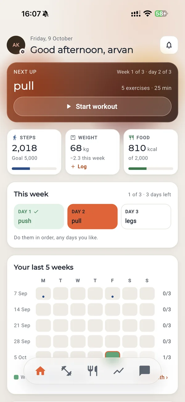 The client's Pfitt home screen with their next workout, steps, weight and food