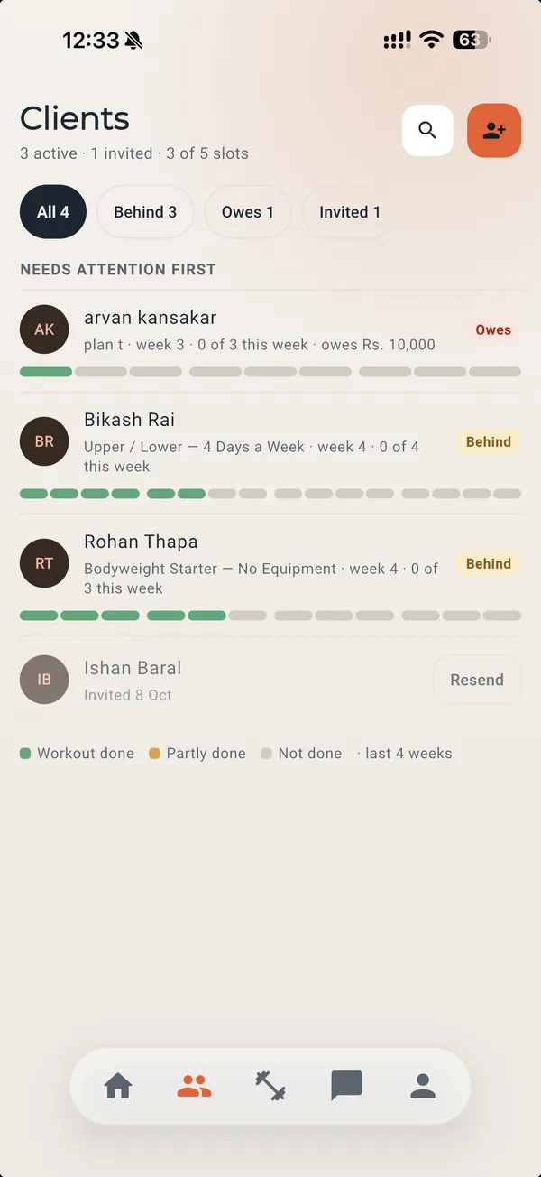 Pfitt phone client list with who is behind, who owes and the last four weeks of training
