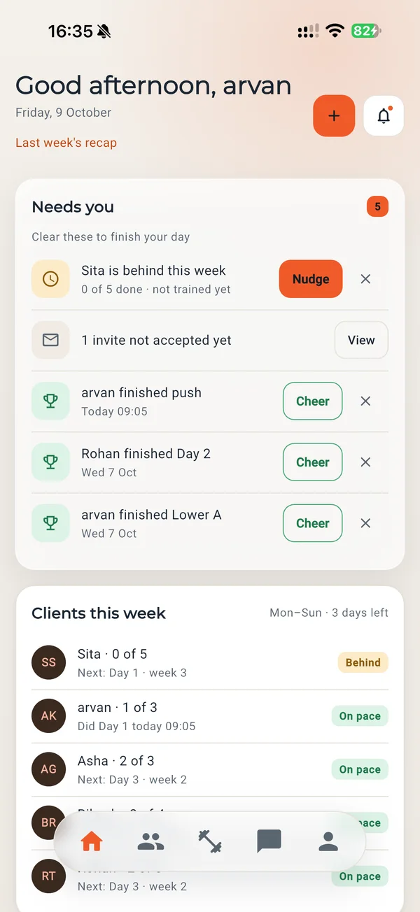 Pfitt trainer Today screen listing the clients who need attention