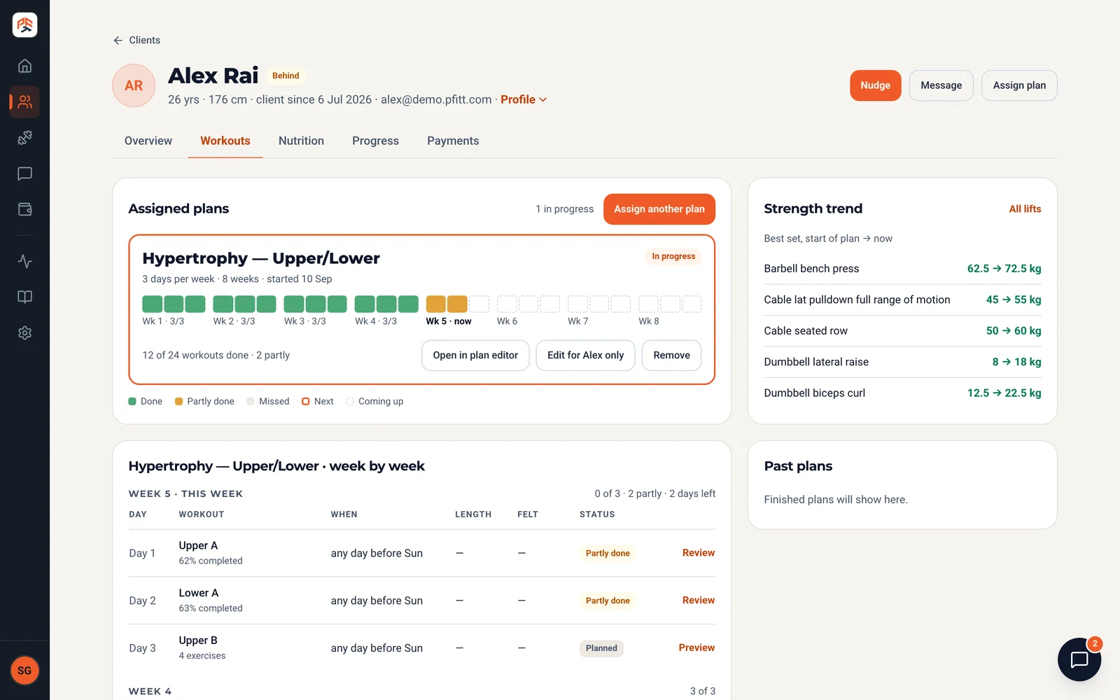 Pfitt web client page with training, progress, nutrition and payments