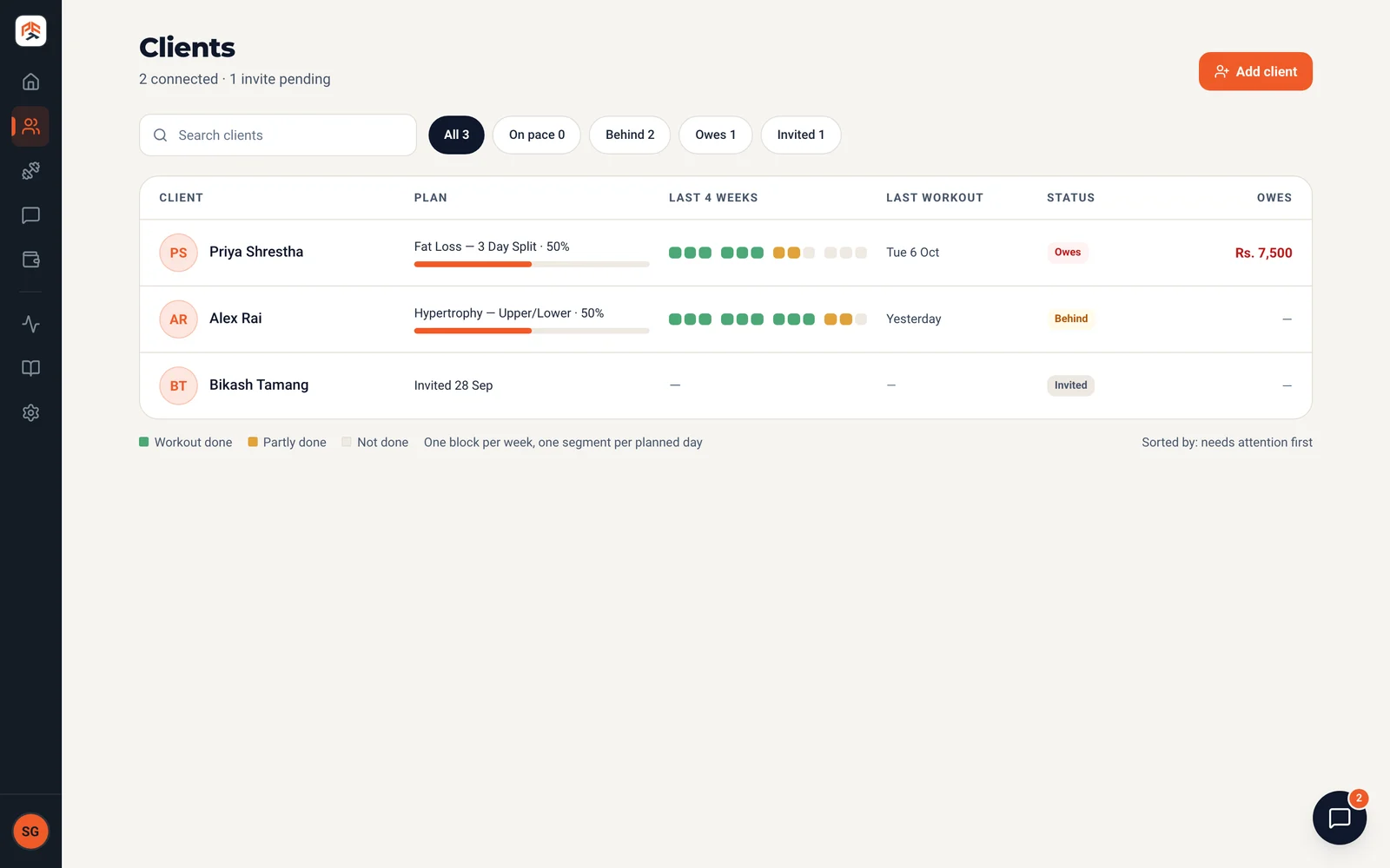 Pfitt web client table with plans, recent weeks and balances