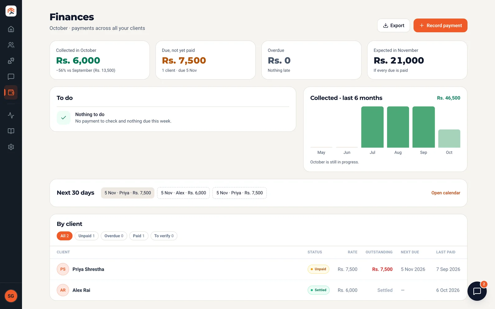 Pfitt web finances page with collected and due amounts