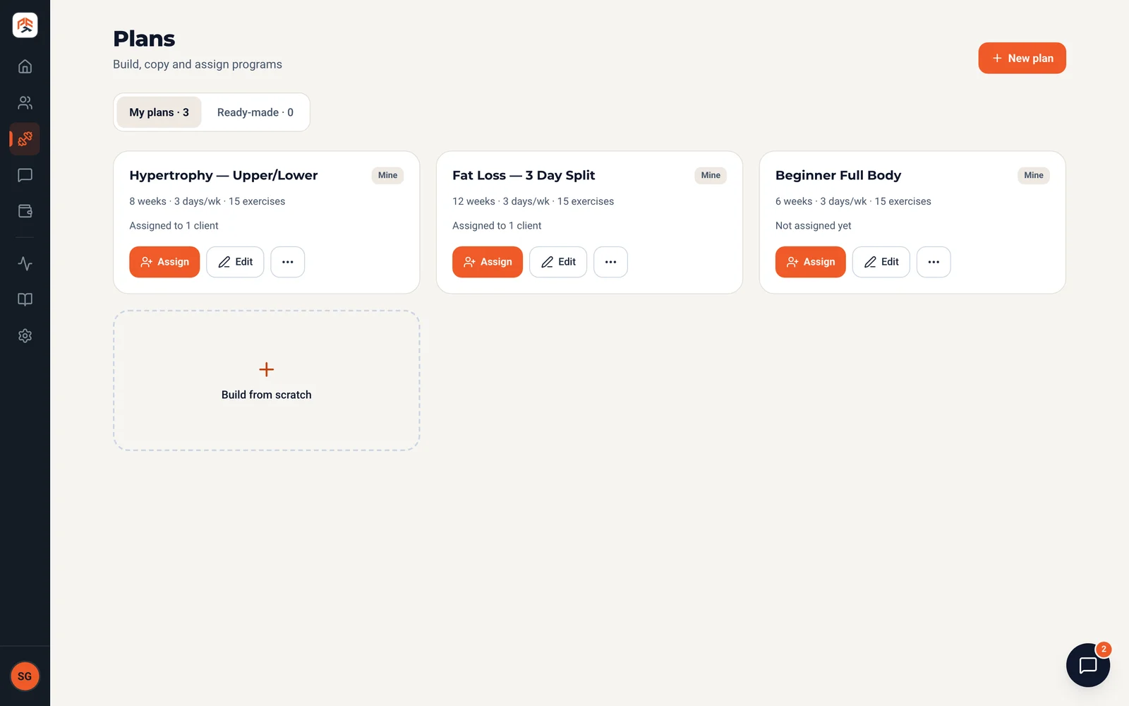 Pfitt web plans page with plans to assign