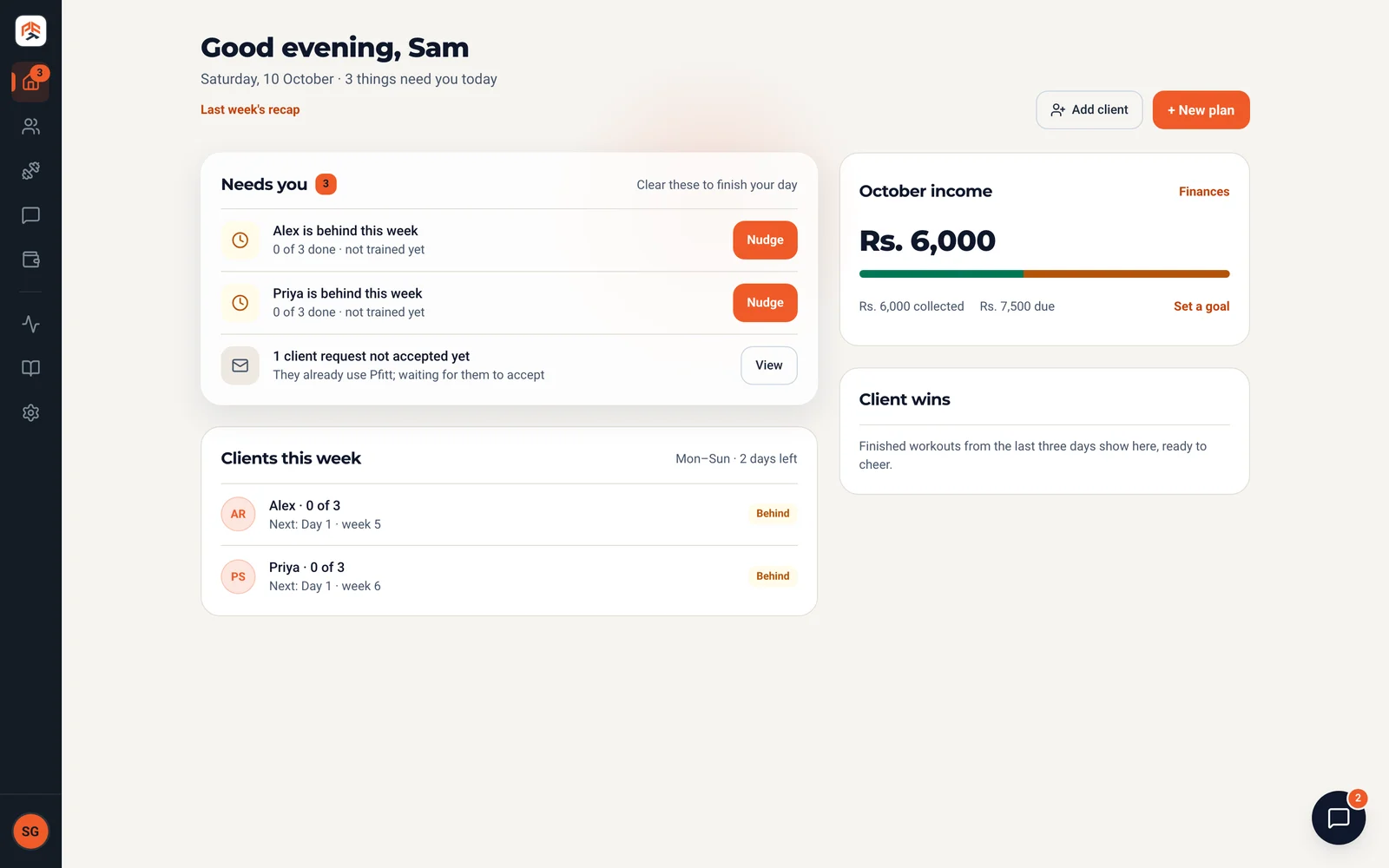 Pfitt web app for trainers: the Today page